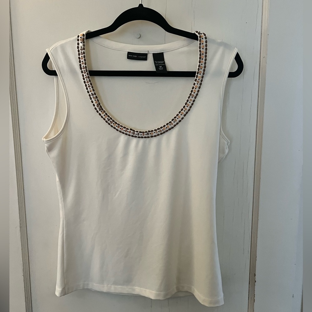 NY&CO New York & Company Y2K Vintage Cream Beaded & Sequined Tank Blouse Medium